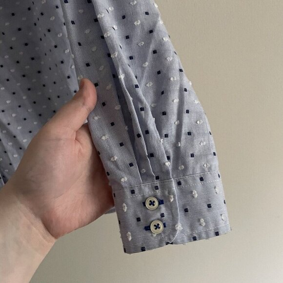 Talbots Women Petite S Blue/White Polka/Swiss Dot Long Sleeve Button Blouse - Picture 5 of 10
